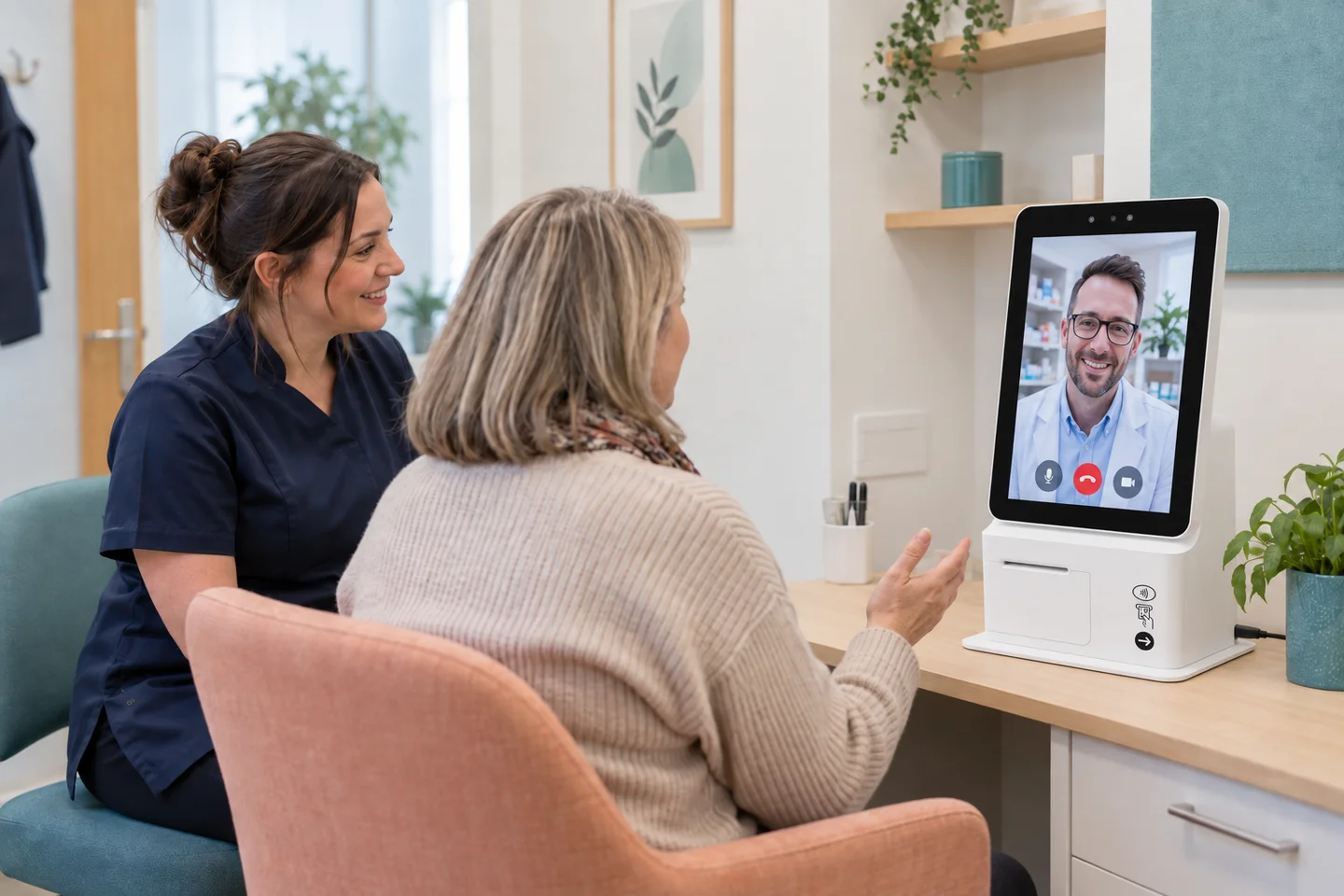 Illustrative scene of a patient speaking to a pharmacist on the portrait consultation terminal, with a pharmacy team member beside them