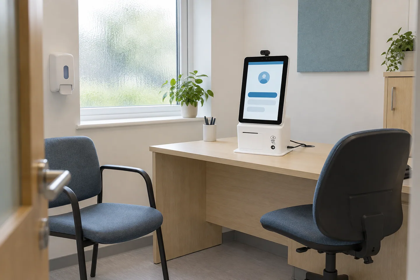 A portrait consultation terminal with an external webcam on the desk of a private pharmacy consultation room