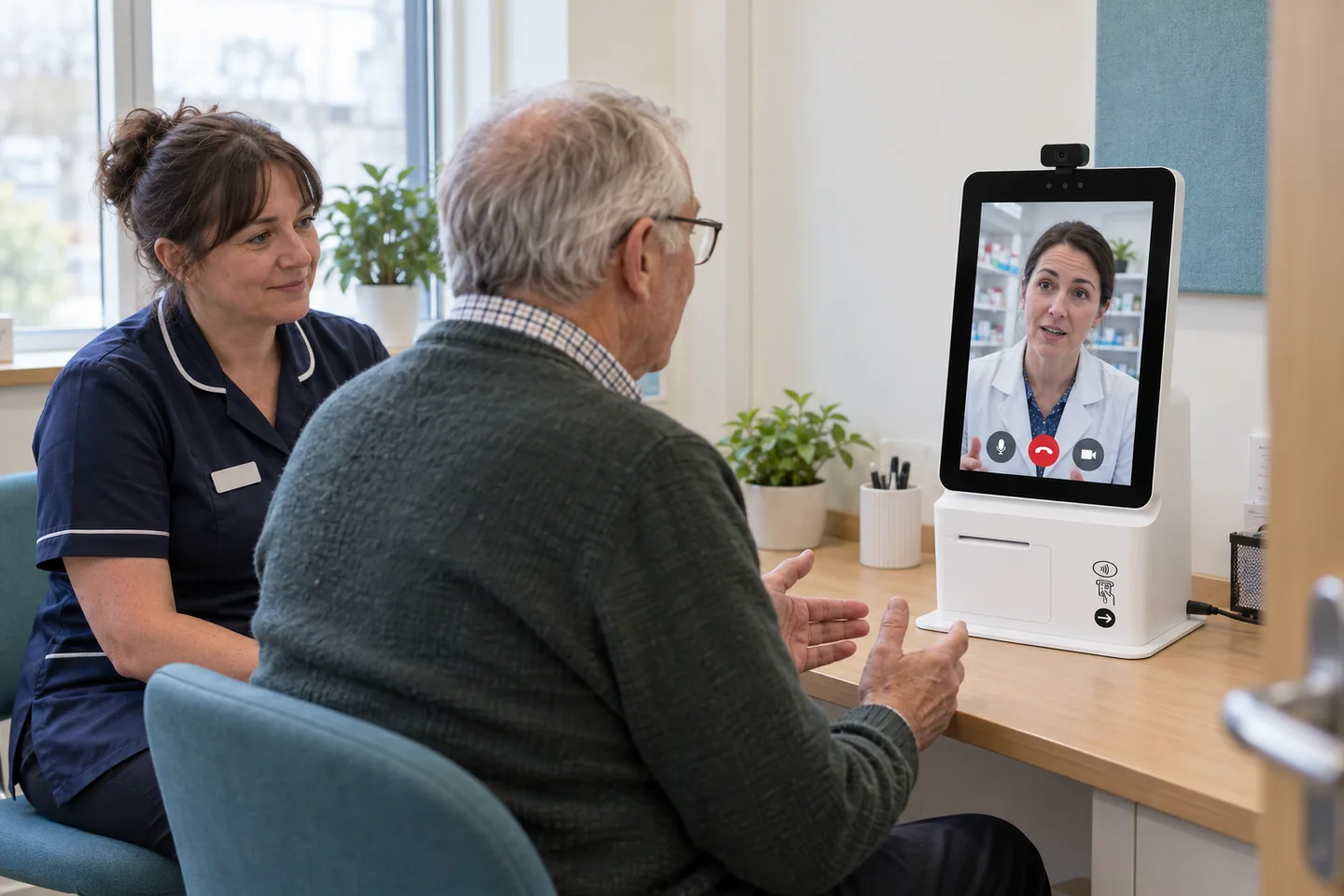 An older patient and a pharmacy team member speaking to a pharmacist on the portrait consultation terminal