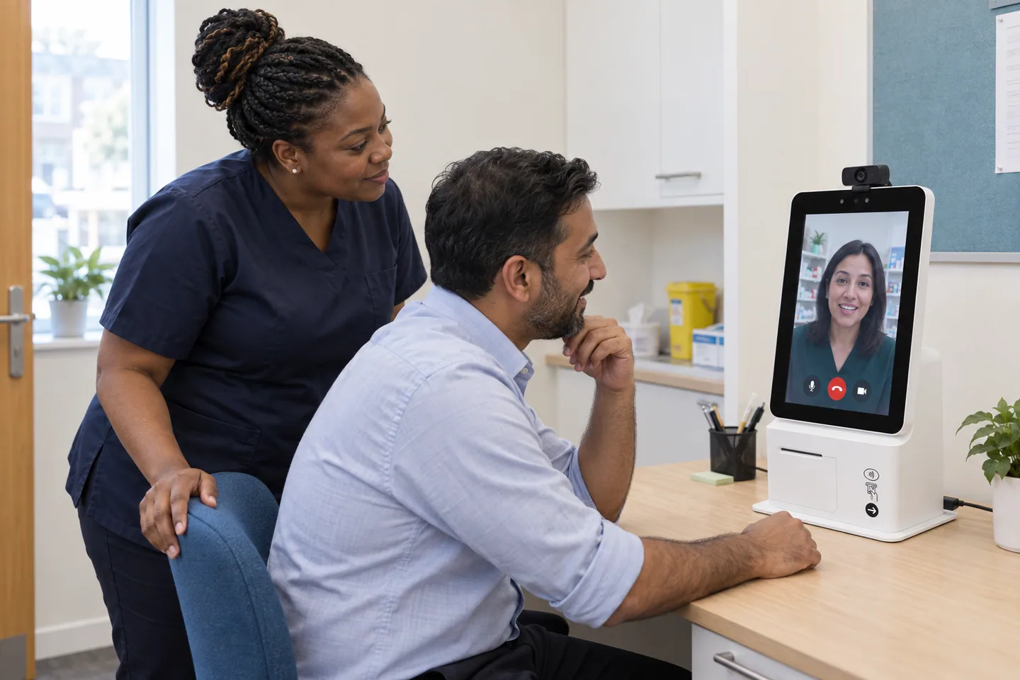 Two pharmacy team members checking a video connection with a pharmacist on the consultation terminal